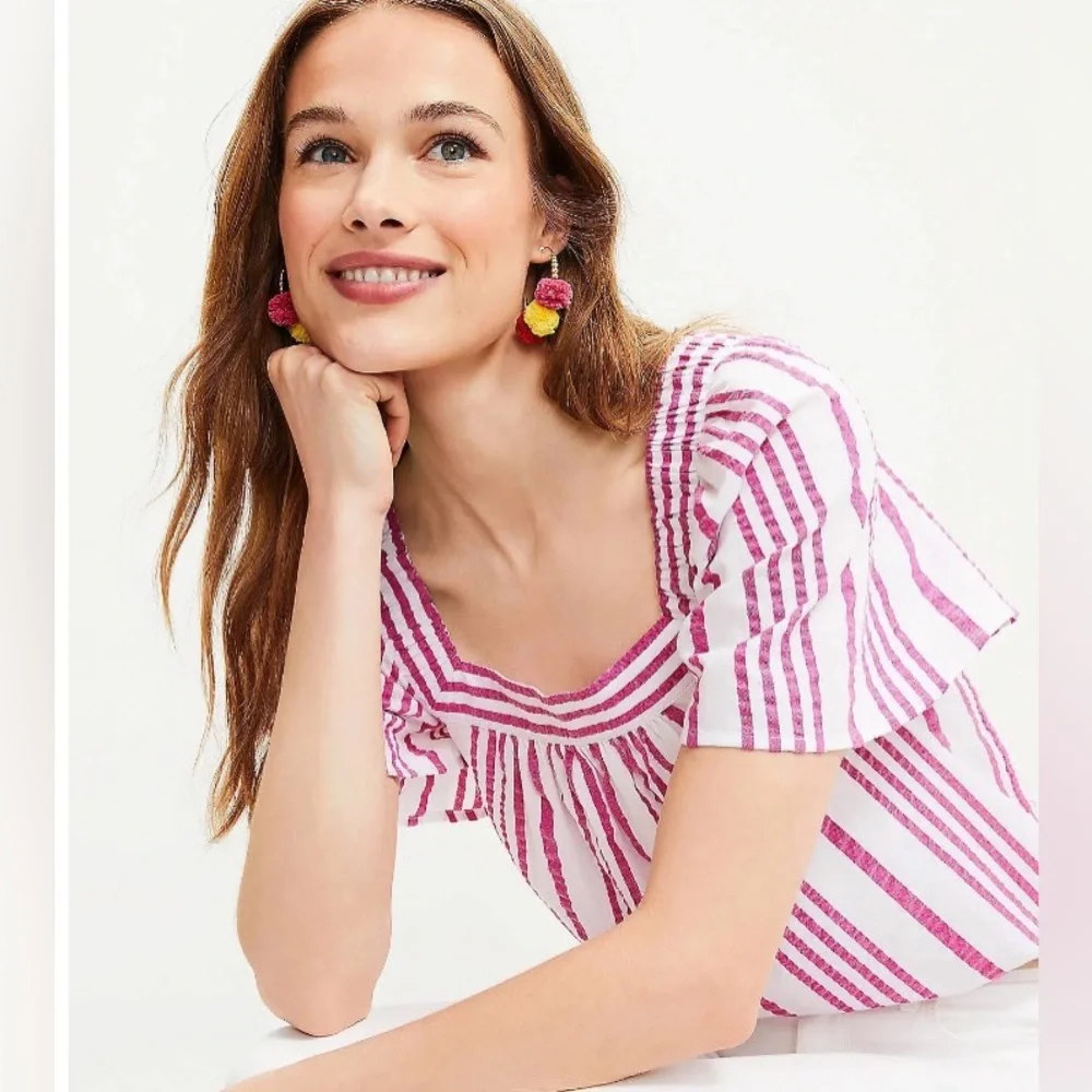 LOFT Square Neck Flutter Sleeve Pink Stripe Top Size M - Picture 2 of 3